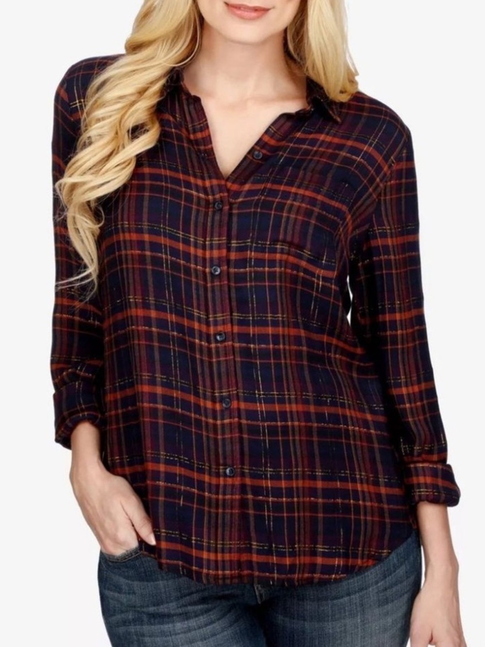 Lucky brand blue red plaid metallic thread  button down shirt size L